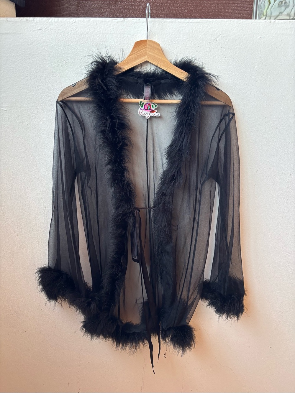 Sheer Black Feather-Trim Robe with Tie Front